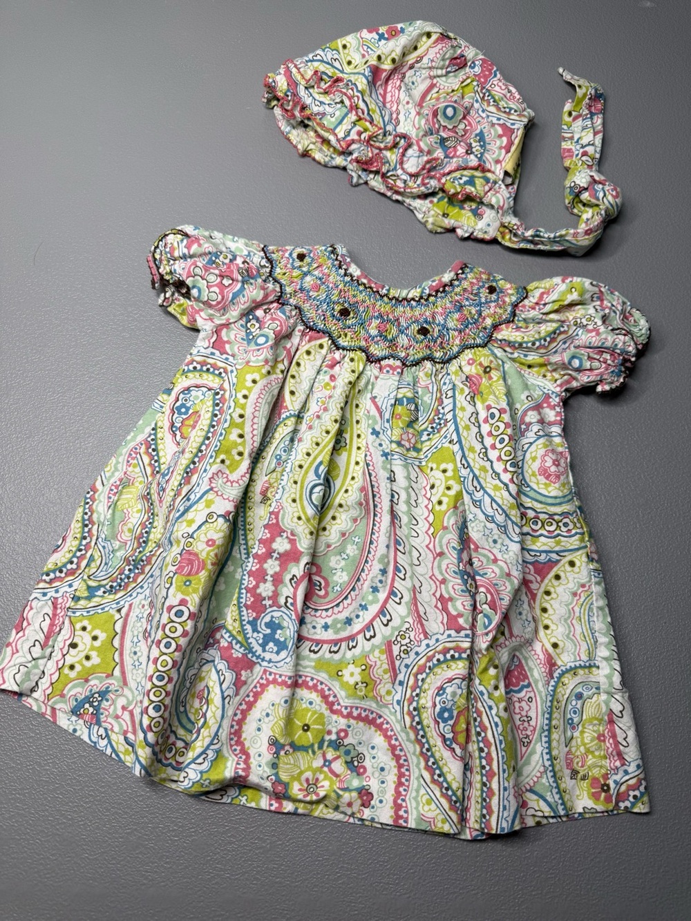 Smocked Paisley Casual Dress & Bonnet - Pink, Green & Blue